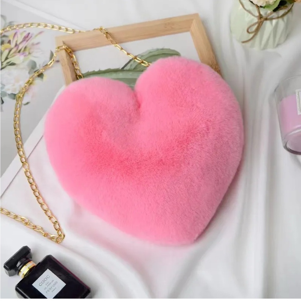 Pink Heart-Shaped Plush Bag